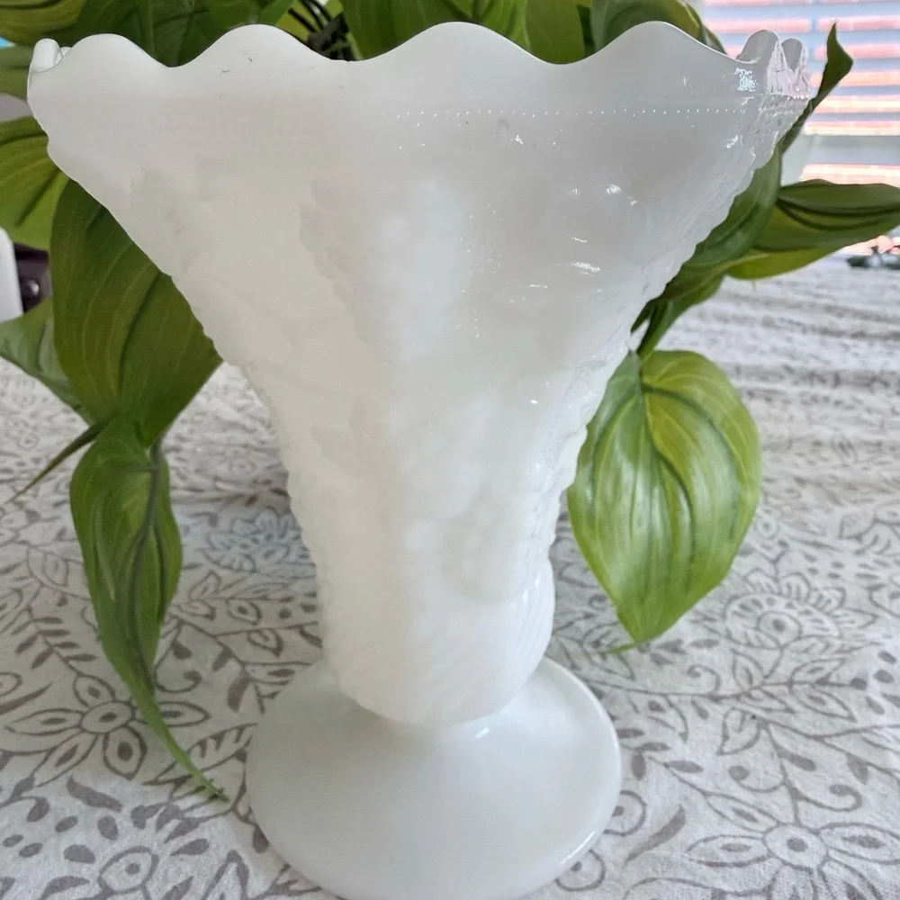 Vintage Milk Glass Hobnail Pedestal Vase | Scalloped Edge Floral Decor